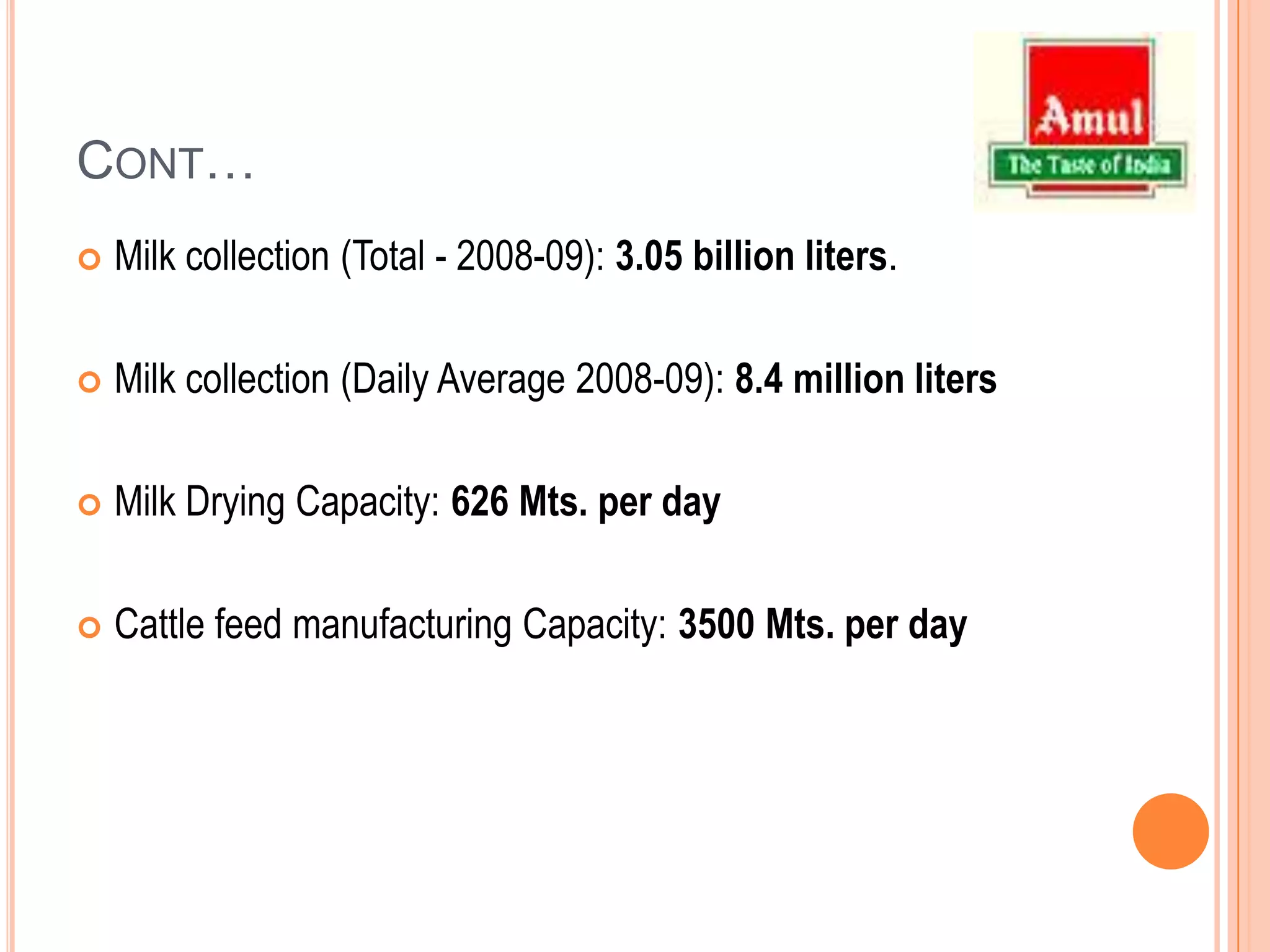 Cont…Milk collection (Total - 2008-09): 3.05 billion liters.Milk collection (Daily Average 2008-09): 8.4 million litersMilk Drying Capacity: 626 Mts. per dayCattle feed manufacturing Capacity: 3500 Mts. per day