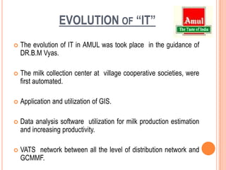 EVOLUTION of “IT”The evolution of IT in AMUL was took place  in the guidance of  DR.B.M Vyas.The milk collection center at  village cooperative societies, were first automated.Application and utilization of GIS.Data analysis software  utilization for milk production estimation and increasing productivity.VATS  network between all the level of distribution network and GCMMF.