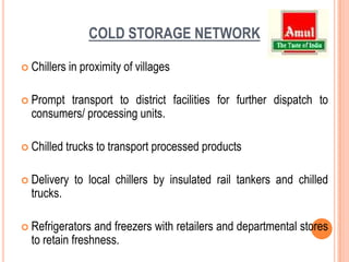 PROCURNMENT CHANNELOn an average around thousand farmers come to sell milk at their local co-operative milk collection center.Each farmer has been given a plastic card for identification.At the milk collection counter, the farmer drops the card into a box and the identification number is transmitted to a personal computer attached to the machine. The milk is then weighed and the fat content of the milk is measured by an electronic fat testing machine. Both these details are recorded in the PC. The computer then calculates the amount due to farmer on the basis of the fat content. The value of the milk is then printed out on a slip and handed over to farmer who collects the payment at adjacent window. 