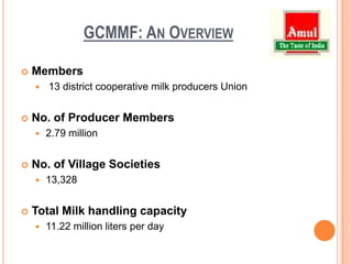 GCMMF: An OverviewMembers13 district cooperative milk producers UnionNo. of Producer Members2.79 millionNo. of Village Societies13,328Total Milk handling capacity11.22 million liters per day