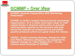 GCMMF – Over View
     GCMMF: Gujarat Cooperative Milk Marketing
     Federation

     GCMMF is India's largest food products marketing
     organization. It is a state level apex body of milk
     cooperatives in Gujarat which aims to provide
     remunerative returns to the farmers and also
     serve the interest of consumers by providing
     quality products which are good value for money.

     CRISIL, India's leading Ratings, Research, Risk
     and Policy Advisory company, has assigned its
     highest ratings of "AAA/Stable/P1+" to the
     various bank facilities of GCMMF.


5
 