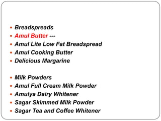  Breadspreads
 Amul Butter ---
 Amul Lite Low Fat Breadspread
 Amul Cooking Butter
 Delicious Margarine


 Milk Powders
 Amul Full Cream Milk Powder
 Amulya Dairy Whitener
 Sagar Skimmed Milk Powder
 Sagar Tea and Coffee Whitener
 
