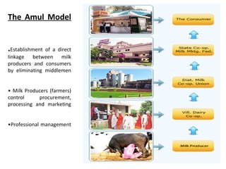 The Amul Model
.Establishment of a direct
linkage between milk
producers and consumers
by eliminating middlemen
• Milk Producers (farmers)
control procurement,
processing and marketing
•Professional management
5
 
