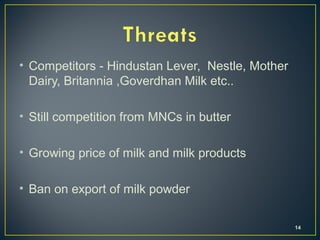 • Competitors - Hindustan Lever, Nestle, Mother
Dairy, Britannia ,Goverdhan Milk etc..
• Still competition from MNCs in butter
• Growing price of milk and milk products
• Ban on export of milk powder
14
 