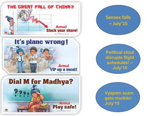 Sensex falls
– July’15
Political clout
disrupts flight
schedules! –
July’15
Vyapam scam
gets murkier-
July’15
 