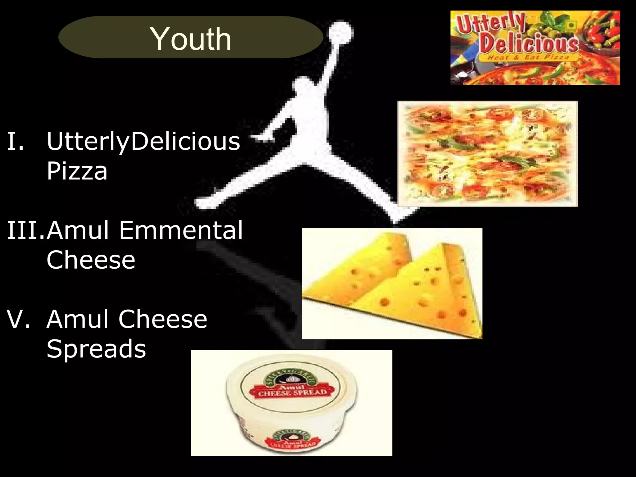 Youth


I. UtterlyDelicious
   Pizza

III.Amul Emmental
    Cheese

V. Amul Cheese
   Spreads


                      23
 