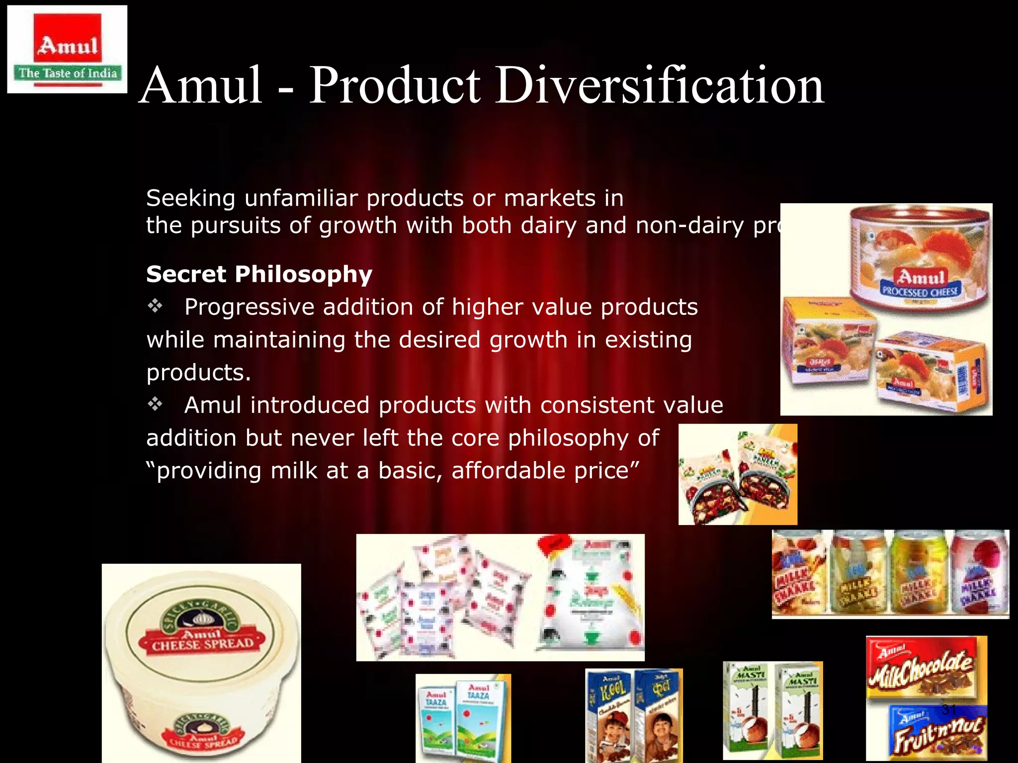 Amul - Product Diversification
Seeking unfamiliar products or markets in
the pursuits of growth with both dairy and non-dairy products

Secret Philosophy
 Progressive addition of higher value products
while maintaining the desired growth in existing
products.
 Amul introduced products with consistent value
addition but never left the core philosophy of
“providing milk at a basic, affordable price”




                                                                31
 