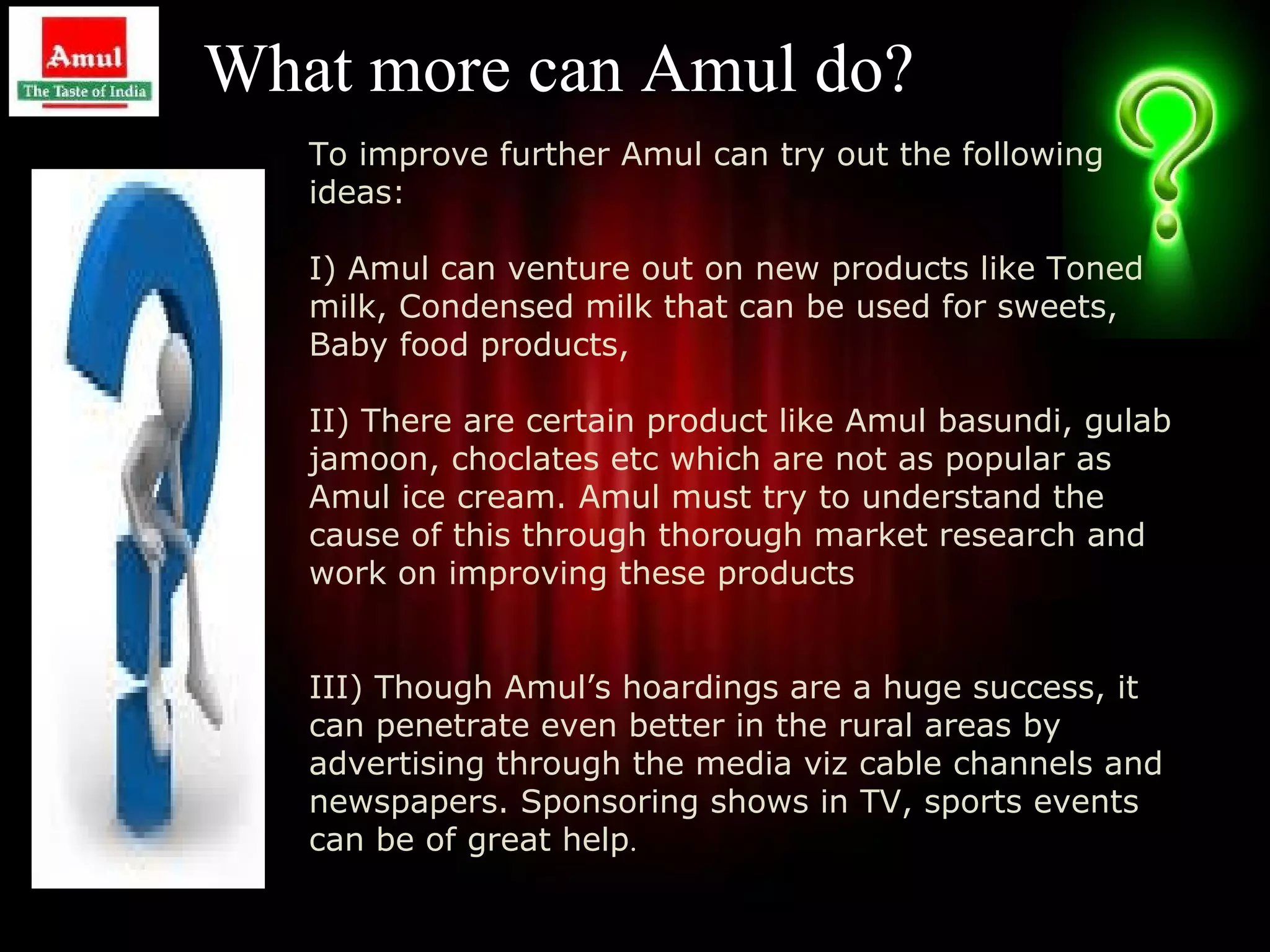What more can Amul do?
   To improve further Amul can try out the following
   ideas:

   I) Amul can venture out on new products like Toned
   milk, Condensed milk that can be used for sweets,
   Baby food products,

   II) There are certain product like Amul basundi, gulab
   jamoon, choclates etc which are not as popular as
   Amul ice cream. Amul must try to understand the
   cause of this through thorough market research and
   work on improving these products


   III) Though Amul’s hoardings are a huge success, it
   can penetrate even better in the rural areas by
   advertising through the media viz cable channels and
   newspapers. Sponsoring shows in TV, sports events
   can be of great help.
                                                            35
 
