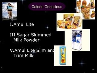 Calorie Conscious



I.Amul Lite

III.Sagar Skimmed
  Milk Powder

V.Amul Lite Slim and
 Trim Milk

                             25
 