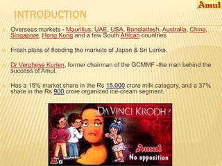 INTRODUCTION 
 Overseas markets - Mauritius, UAE, USA, Bangladesh, Australia, China, 
Singapore, Hong Kong and a few South African countries 
 Fresh plans of flooding the markets of Japan & Sri Lanka. 
 Dr Verghese Kurien, former chairman of the GCMMF -the man behind the 
success of Amul. 
 Has a 15% market share in the Rs 15,000 crore milk category, and a 37% 
share in the Rs 900 crore organized ice-cream segment. 
 