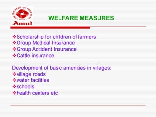 WELFARE MEASURES


Scholarship for children of farmers
Group Medical Insurance
Group Accident Insurance
Cattle insurance

Development of basic amenities in villages:
village roads
water facilities
schools
health centers etc
 