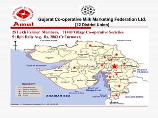 Gujarat Co-operative Milk Marketing Federation Ltd.
                               [12 District Union]
25 Lakh Farmer Members, 11400 Village Co-operative Societies
51 llpd Daily Avg, Rs. 2882 Cr Turnover,
 
