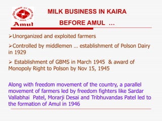 MILK BUSINESS IN KAIRA
                     BEFORE AMUL …

Unorganized and exploited farmers
Controlled by middlemen … establishment of Polson Dairy
in 1929
 Establishment of GBMS in March 1945 & award of
Monopoly Right to Polson by Nov 15, 1945


Along with freedom movement of the country, a parallel
movement of farmers led by freedom fighters like Sardar
Vallabhai Patel, Morarji Desai and Tribhuvandas Patel led to
the formation of Amul in 1946
 
