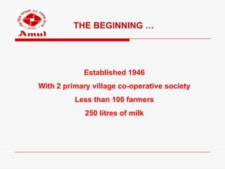THE BEGINNING …




            Established 1946
With 2 primary village co-operative society
          Less than 100 farmers
             250 litres of milk
 
