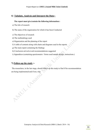 Project Report on AMUL (Anand Milk Union Limited)
Enterprise Analysis & Desk Research (MBA I, Batch: 2014 - 16)
31
6) Tabulate, Analysis and Interpret the Data:-
The report must give/contain the following information:-
a) The title of research
b) The name of the organization for which it has been Conducted
c) The objectives of research
d) The methodology used
e) Organization and the planning of the report
f) A table of contents along with charts and diagrams used in the reports
g) The main report containing the findings
h) Conclusion arrived at end recommendations suggested
i) Appendices (containing questionnaire / forms used sample design, instructions.)
7) Follow-up the study :-
The researchers, in the last stage, should follow up this study to find if his recommendation
are being implemented and if not, why
 