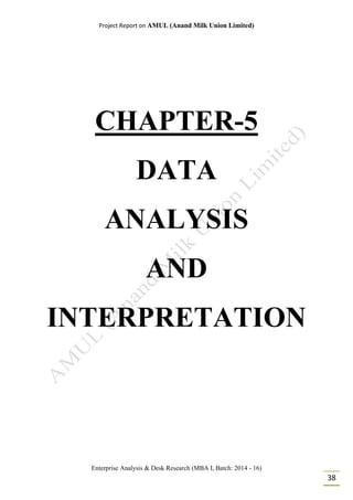 Project Report on AMUL (Anand Milk Union Limited)
Enterprise Analysis & Desk Research (MBA I, Batch: 2014 - 16)
38
CHAPTER-5
DATA
ANALYSIS
AND
INTERPRETATION
 