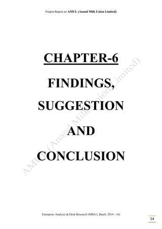 Project Report on AMUL (Anand Milk Union Limited)
Enterprise Analysis & Desk Research (MBA I, Batch: 2014 - 16)
54
CHAPTER-6
FINDINGS,
SUGGESTION
AND
CONCLUSION
 