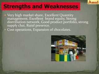  Very high market share, Excellent Quantity
management, Excellent brand equity, Strong
distribution network, Good product portfolio, strong
supply chai, Rural presence.
 Cost operations, Expansion of chocolates.
Strengths and Weaknesses
 