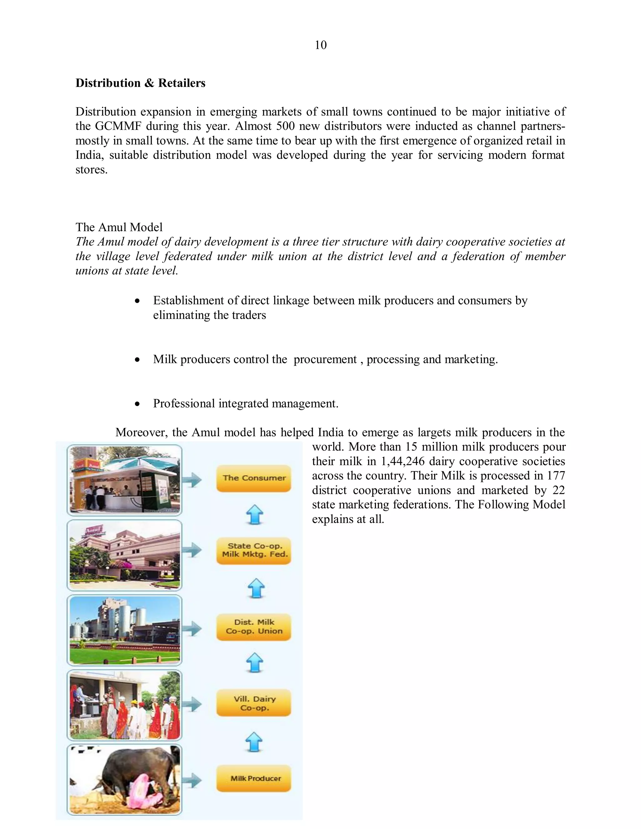 10
Distribution & Retailers
Distribution expansion in emerging markets of small towns continued to be major initiative of
the GCMMF during this year. Almost 500 new distributors were inducted as channel partners-
mostly in small towns. At the same time to bear up with the first emergence of organized retail in
India, suitable distribution model was developed during the year for servicing modern format
stores.
The Amul Model
The Amul model of dairy development is a three tier structure with dairy cooperative societies at
the village level federated under milk union at the district level and a federation of member
unions at state level.
 Establishment of direct linkage between milk producers and consumers by
eliminating the traders
 Milk producers control the procurement , processing and marketing.
 Professional integrated management.
Moreover, the Amul model has helped India to emerge as largets milk producers in the
world. More than 15 million milk producers pour
their milk in 1,44,246 dairy cooperative societies
across the country. Their Milk is processed in 177
district cooperative unions and marketed by 22
state marketing federations. The Following Model
explains at all.
 