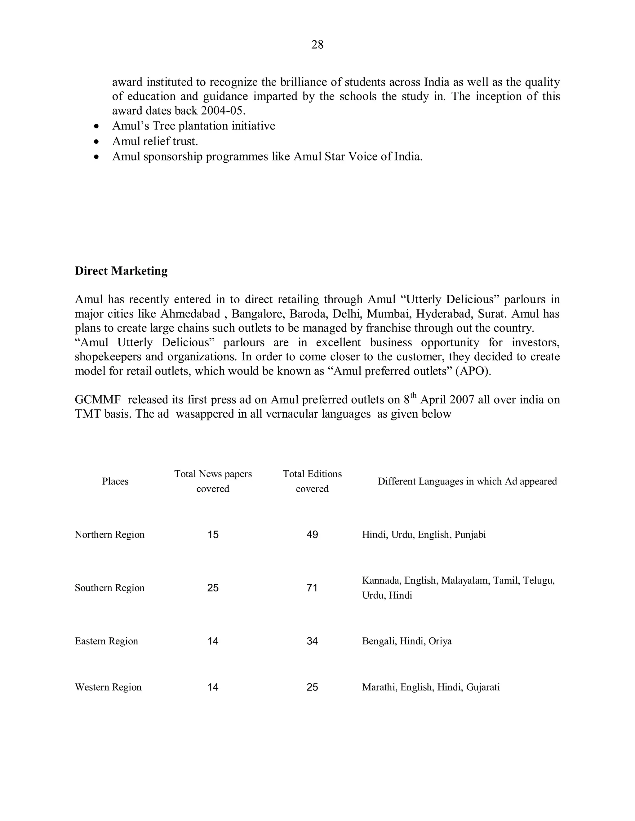 28
award instituted to recognize the brilliance of students across India as well as the quality
of education and guidance imparted by the schools the study in. The inception of this
award dates back 2004-05.
 Amul‟s Tree plantation initiative
 Amul relief trust.
 Amul sponsorship programmes like Amul Star Voice of India.
Direct Marketing
Amul has recently entered in to direct retailing through Amul “Utterly Delicious” parlours in
major cities like Ahmedabad , Bangalore, Baroda, Delhi, Mumbai, Hyderabad, Surat. Amul has
plans to create large chains such outlets to be managed by franchise through out the country.
“Amul Utterly Delicious” parlours are in excellent business opportunity for investors,
shopekeepers and organizations. In order to come closer to the customer, they decided to create
model for retail outlets, which would be known as “Amul preferred outlets” (APO).
GCMMF released its first press ad on Amul preferred outlets on 8th
April 2007 all over india on
TMT basis. The ad wasappered in all vernacular languages as given below
Places
Total News papers
covered
Total Editions
covered
Different Languages in which Ad appeared
Northern Region 15 49 Hindi, Urdu, English, Punjabi
Southern Region 25 71
Kannada, English, Malayalam, Tamil, Telugu,
Urdu, Hindi
Eastern Region 14 34 Bengali, Hindi, Oriya
Western Region 14 25 Marathi, English, Hindi, Gujarati
 