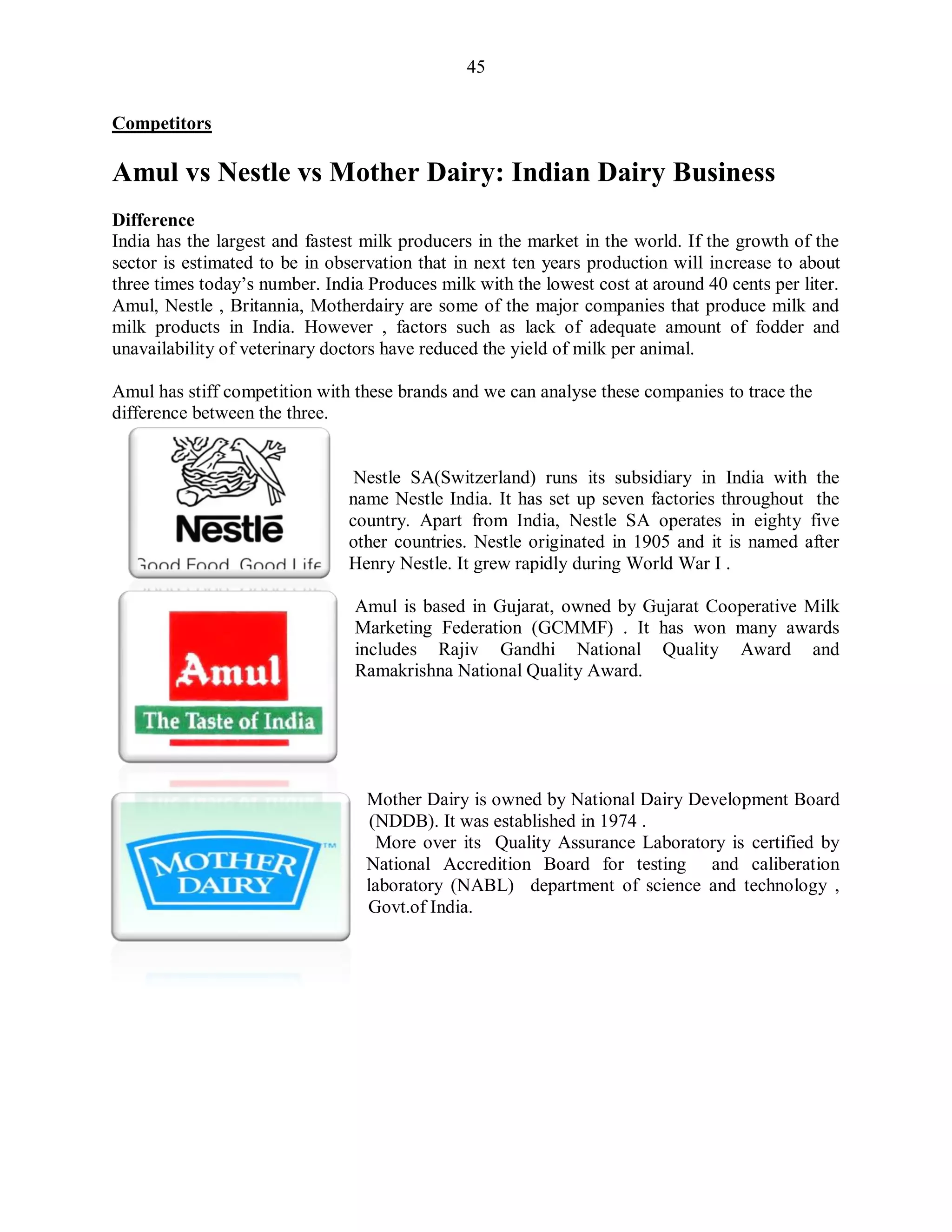 45
Competitors
Amul vs Nestle vs Mother Dairy: Indian Dairy Business
Difference
India has the largest and fastest milk producers in the market in the world. If the growth of the
sector is estimated to be in observation that in next ten years production will increase to about
three times today‟s number. India Produces milk with the lowest cost at around 40 cents per liter.
Amul, Nestle , Britannia, Motherdairy are some of the major companies that produce milk and
milk products in India. However , factors such as lack of adequate amount of fodder and
unavailability of veterinary doctors have reduced the yield of milk per animal.
Amul has stiff competition with these brands and we can analyse these companies to trace the
difference between the three.
Nestle SA(Switzerland) runs its subsidiary in India with the
name Nestle India. It has set up seven factories throughout the
country. Apart from India, Nestle SA operates in eighty five
other countries. Nestle originated in 1905 and it is named after
Henry Nestle. It grew rapidly during World War I .
Amul is based in Gujarat, owned by Gujarat Cooperative Milk
Marketing Federation (GCMMF) . It has won many awards
includes Rajiv Gandhi National Quality Award and
Ramakrishna National Quality Award.
Mother Dairy is owned by National Dairy Development Board
(NDDB). It was established in 1974 .
More over its Quality Assurance Laboratory is certified by
National Accredition Board for testing and caliberation
laboratory (NABL) department of science and technology ,
Govt.of India.
 