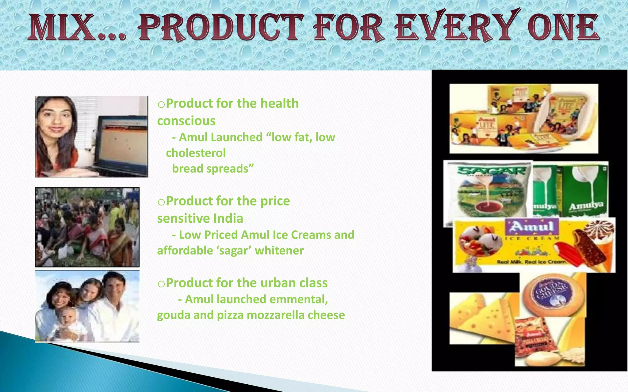 oProduct for the health
conscious
- Amul Launched “low fat, low
cholesterol
bread spreads”

oProduct for the price
sensitive India
- Low Priced Amul Ice Creams and
affordable ‘sagar’ whitener

oProduct for the urban class
- Amul launched emmental,
gouda and pizza mozzarella cheese

 