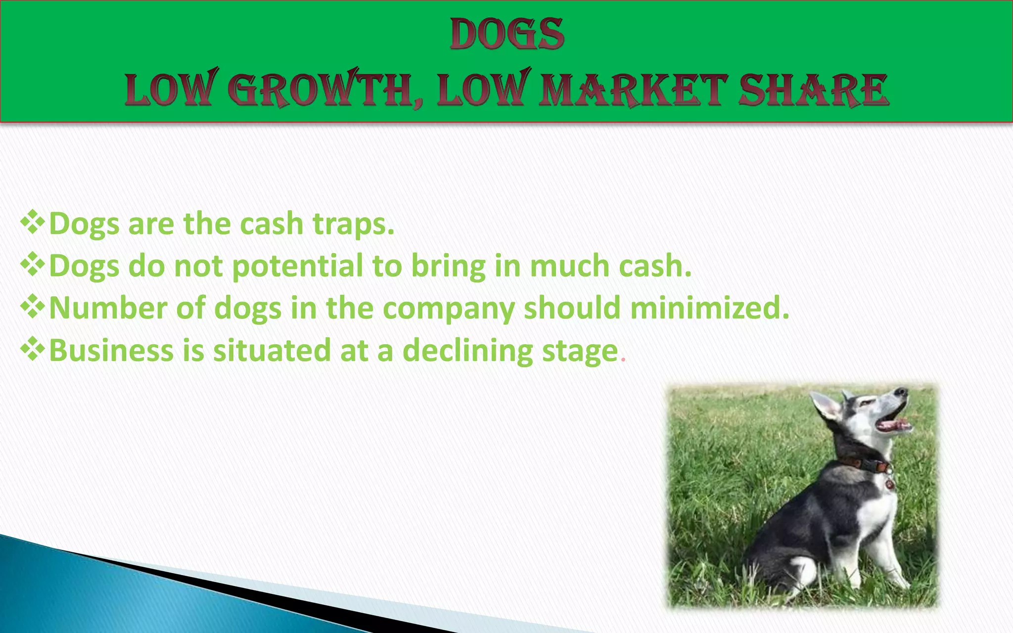 Dogs are the cash traps.
Dogs do not potential to bring in much cash.
Number of dogs in the company should minimized.
Business is situated at a declining stage.

 