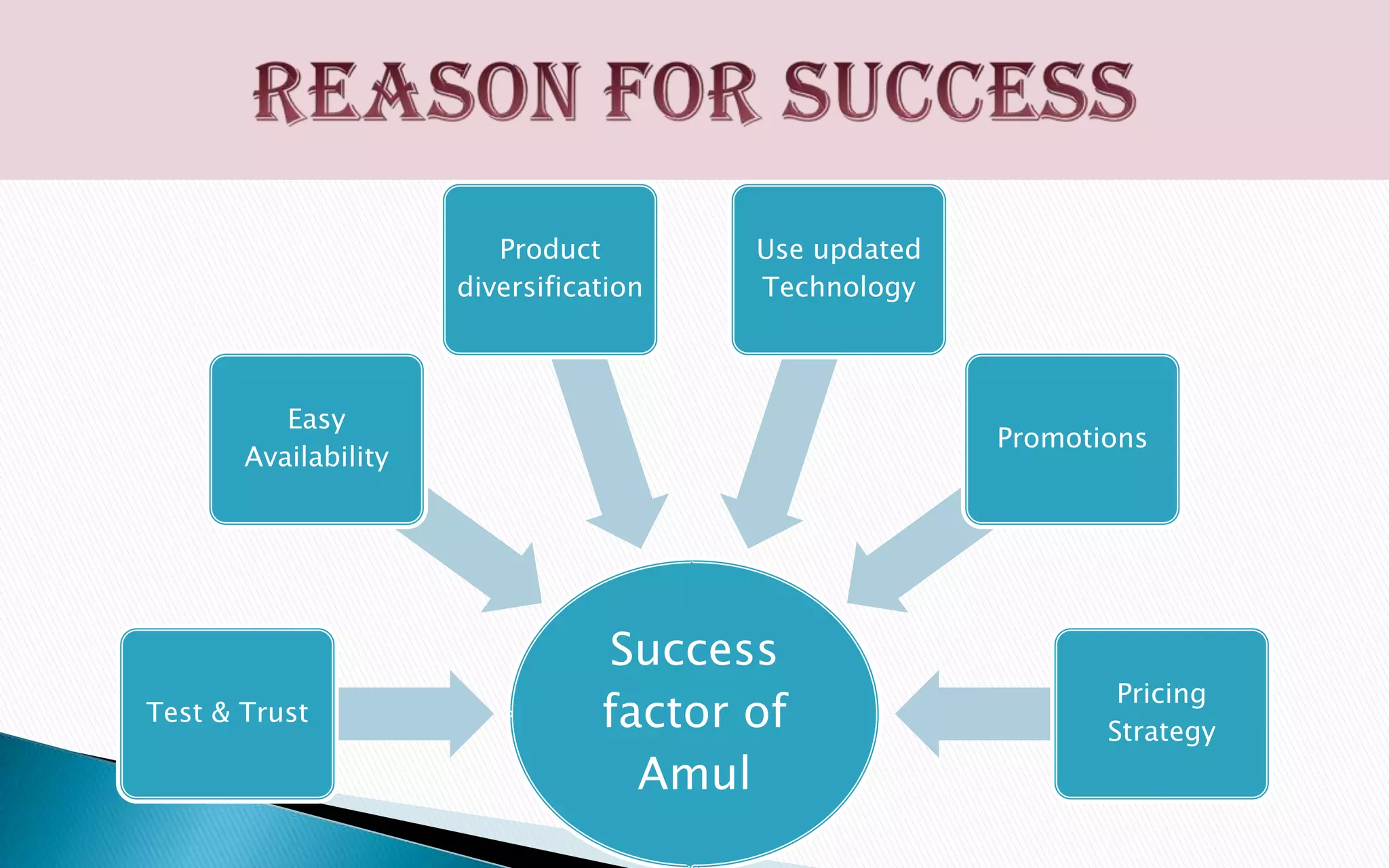 Product
diversification

Use updated
Technology

Easy
Availability

Test & Trust

Promotions

Success
factor of
Amul

Pricing
Strategy

 