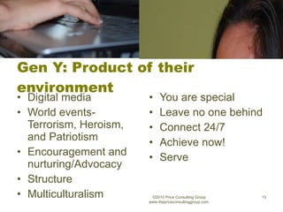 Gen Y: Product of their environment Digital media World events- Terrorism, Heroism, and Patriotism Encouragement and nurturing/Advocacy Structure Multiculturalism You are special Leave no one behind Connect 24/7 Achieve now! Serve ©2010 Price Consulting Group www.thepriceconsultinggroup.com  