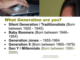 What Generation are you? Silent Generation / Traditionalists  (Born between 1920 - 1945) Baby Boomers  (Born between 1946–1954) Generation Jones  – 1955-1964 Generation X  (Born between 1965–1979) Gen Y / Millennials   (Born between 1980–2000) ©2010 Price Consulting Group www.thepriceconsultinggroup.com  