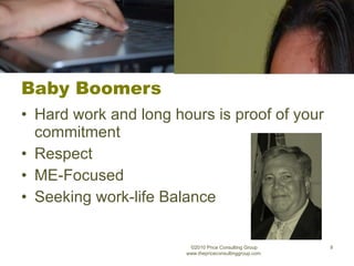 Baby Boomers Hard work and long hours is proof of your commitment Respect ME-Focused Seeking work-life Balance ©2010 Price Consulting Group www.thepriceconsultinggroup.com  