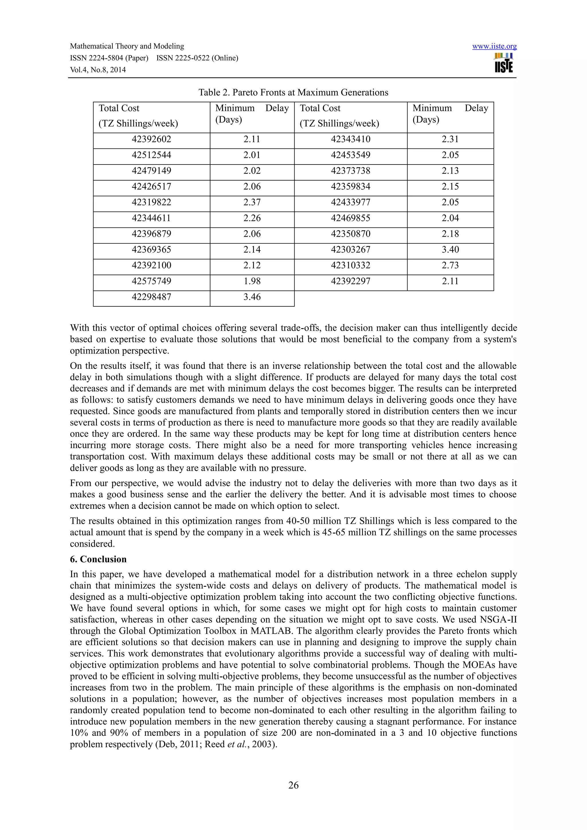 Mathematical Theory and Modeling www.iiste.org
ISSN 2224-5804 (Paper) ISSN 2225-0522 (Online)
Vol.4, No.8, 2014
26
Table 2. Pareto Fronts at Maximum Generations
Total Cost
(TZ Shillings/week)
Minimum Delay
(Days)
Total Cost
(TZ Shillings/week)
Minimum Delay
(Days)
42392602 2.11 42343410 2.31
42512544 2.01 42453549 2.05
42479149 2.02 42373738 2.13
42426517 2.06 42359834 2.15
42319822 2.37 42433977 2.05
42344611 2.26 42469855 2.04
42396879 2.06 42350870 2.18
42369365 2.14 42303267 3.40
42392100 2.12 42310332 2.73
42575749 1.98 42392297 2.11
42298487 3.46
With this vector of optimal choices offering several trade-offs, the decision maker can thus intelligently decide
based on expertise to evaluate those solutions that would be most beneficial to the company from a system's
optimization perspective.
On the results itself, it was found that there is an inverse relationship between the total cost and the allowable
delay in both simulations though with a slight difference. If products are delayed for many days the total cost
decreases and if demands are met with minimum delays the cost becomes bigger. The results can be interpreted
as follows: to satisfy customers demands we need to have minimum delays in delivering goods once they have
requested. Since goods are manufactured from plants and temporally stored in distribution centers then we incur
several costs in terms of production as there is need to manufacture more goods so that they are readily available
once they are ordered. In the same way these products may be kept for long time at distribution centers hence
incurring more storage costs. There might also be a need for more transporting vehicles hence increasing
transportation cost. With maximum delays these additional costs may be small or not there at all as we can
deliver goods as long as they are available with no pressure.
From our perspective, we would advise the industry not to delay the deliveries with more than two days as it
makes a good business sense and the earlier the delivery the better. And it is advisable most times to choose
extremes when a decision cannot be made on which option to select.
The results obtained in this optimization ranges from 40-50 million TZ Shillings which is less compared to the
actual amount that is spend by the company in a week which is 45-65 million TZ shillings on the same processes
considered.
6. Conclusion
In this paper, we have developed a mathematical model for a distribution network in a three echelon supply
chain that minimizes the system-wide costs and delays on delivery of products. The mathematical model is
designed as a multi-objective optimization problem taking into account the two conflicting objective functions.
We have found several options in which, for some cases we might opt for high costs to maintain customer
satisfaction, whereas in other cases depending on the situation we might opt to save costs. We used NSGA-II
through the Global Optimization Toolbox in MATLAB. The algorithm clearly provides the Pareto fronts which
are efficient solutions so that decision makers can use in planning and designing to improve the supply chain
services. This work demonstrates that evolutionary algorithms provide a successful way of dealing with multi-
objective optimization problems and have potential to solve combinatorial problems. Though the MOEAs have
proved to be efficient in solving multi-objective problems, they become unsuccessful as the number of objectives
increases from two in the problem. The main principle of these algorithms is the emphasis on non-dominated
solutions in a population; however, as the number of objectives increases most population members in a
randomly created population tend to become non-dominated to each other resulting in the algorithm failing to
introduce new population members in the new generation thereby causing a stagnant performance. For instance
10% and 90% of members in a population of size 200 are non-dominated in a 3 and 10 objective functions
problem respectively (Deb, 2011; Reed et al., 2003).
 