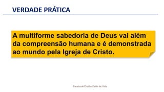 VERDADE PRÁTICA
Facebook/Cristão:Estilo de Vida
A multiforme sabedoria de Deus vai além
da compreensão humana e é demonstrada
ao mundo pela Igreja de Cristo.
 