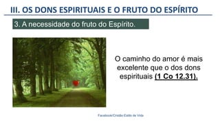 III. OS DONS ESPIRITUAIS E O FRUTO DO ESPÍRITO
Facebook/Cristão:Estilo de Vida
3. A necessidade do fruto do Espírito.
O caminho do amor é mais
excelente que o dos dons
espirituais (1 Co 12.31).
 