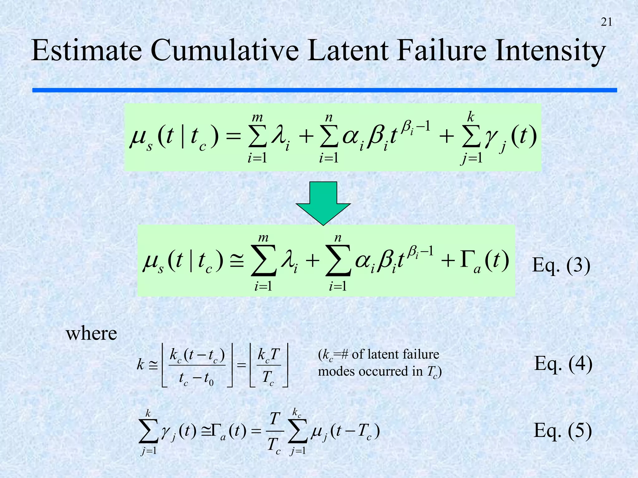 21
Estimate Cumulative Latent Failure Intensity
)()|(
1
1
1
tttt a
n
i
ii
m
i
ics
i
  








k
j
j
n
i
ii
m
i
ics
tttt i
11
1
1
)()|(  
 

ck
j
cj
c
a
k
j
j Tt
T
T
tt
11
)()()( 
(kc=# of latent failure
modes occurred in Tc)
where















c
c
c
cc
T
Tk
tt
ttk
k
0
)(
Eq. (4)
Eq. (5)
Eq. (3)
 
