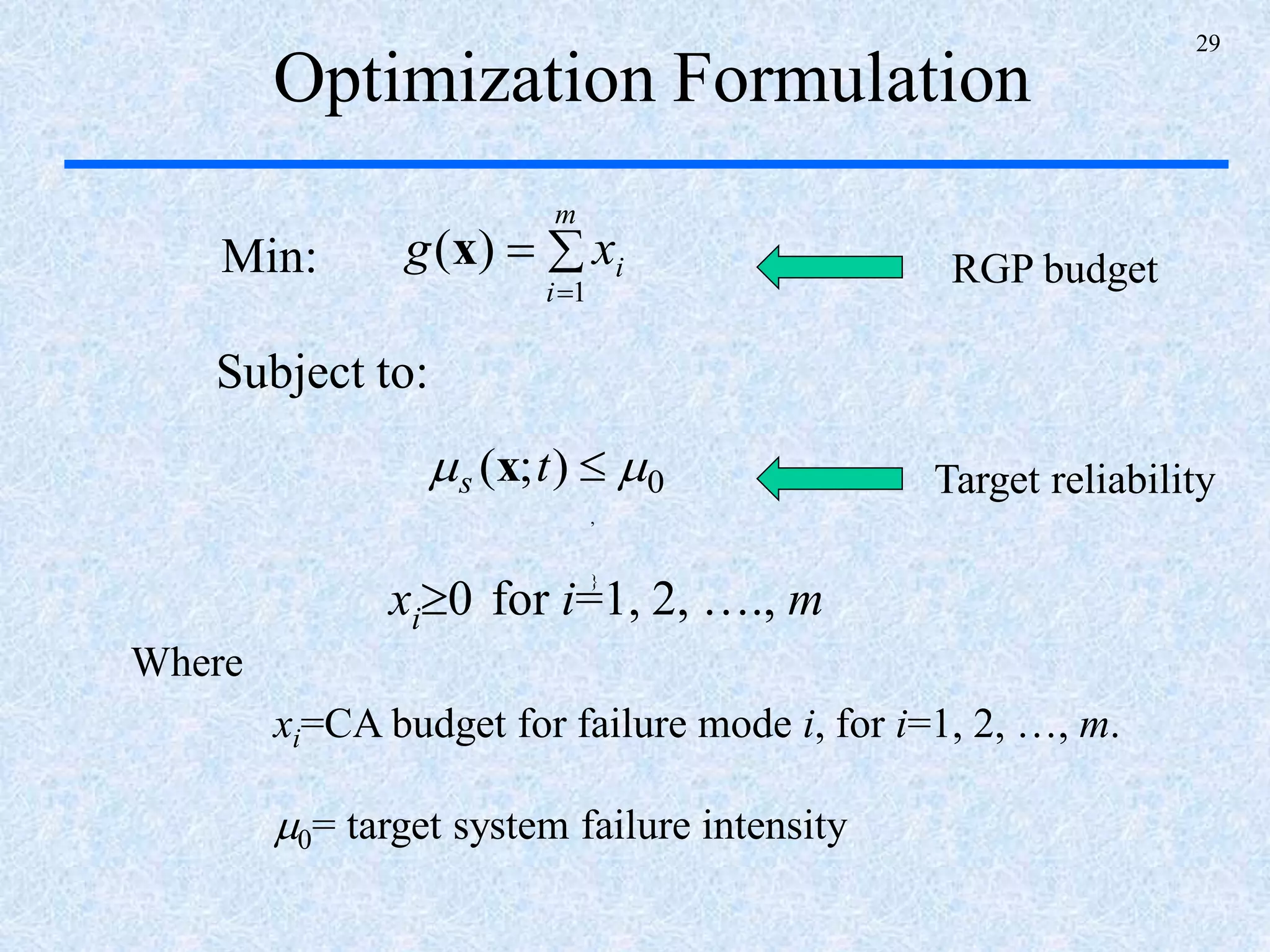 29
Optimization Formulation
Min:
Subject to:
xi0 for i=1, 2, …., m
Where
,
}


m
i
ixg
1
)(x
0);(  ts x
xi=CA budget for failure mode i, for i=1, 2, …, m.
0= target system failure intensity
RGP budget
Target reliability
 