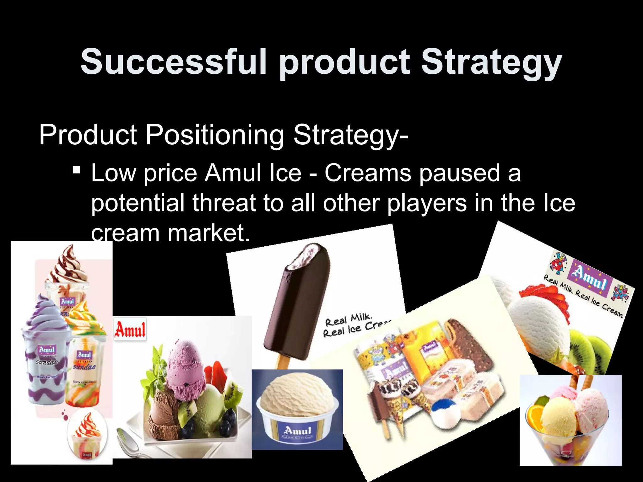 Successful product Strategy 
Product Positioning Strategy- 
 Low price Amul Ice - Creams paused a 
potential threat to all other players in the Ice 
cream market. 
 