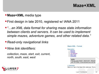 Maze+XML

 Maze+XML media type
 First design in late 2010, registered w/ IANA 2011
 “…an XML data format for sharing maze state information
 between clients and servers. It can be used to implement
 simple mazes, adventure games, and other related data.”
 Read-only navigational links
 Nine link identifiers:
 collection, maze, start, exit, current,
 north, south, east, west




                                                 Layer 7 Confidential   24
 