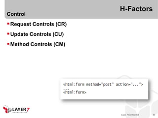 H-Factors
Control
 Request Controls (CR)
 Update Controls (CU)
 Method Controls (CM)




                          Layer 7 Confidential   53
 