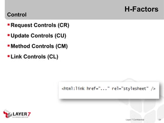 H-Factors
Control
 Request Controls (CR)
 Update Controls (CU)
 Method Controls (CM)
 Link Controls (CL)




                          Layer 7 Confidential   54
 