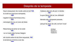 Després de la tempesta
Quan s'esqueixen els núvols sobre el cel 10A
la ciutat surt rient de la tempesta,
10B’
regalant d'aigua lluminosa arreu,
10A
remorejant de nou en sons de festa.
10B’
Recomença el remor en la ciutat
10C
i en el rostre dels homes l'alegria:
10D’
els núvols sobre el cel s'han esqueixat, 10C
la tenebrosa nit torna a ser dia.
Cadascú alça els ulls per si retroba
10E’
la gran blavor del cel, tan oblidada!
10F’
Beneita sies, tempestat passada,
10F’
perquè fas alçar els ulls a la llum nova!
10E’
Antitesi
Metafora
Vitalisme
 