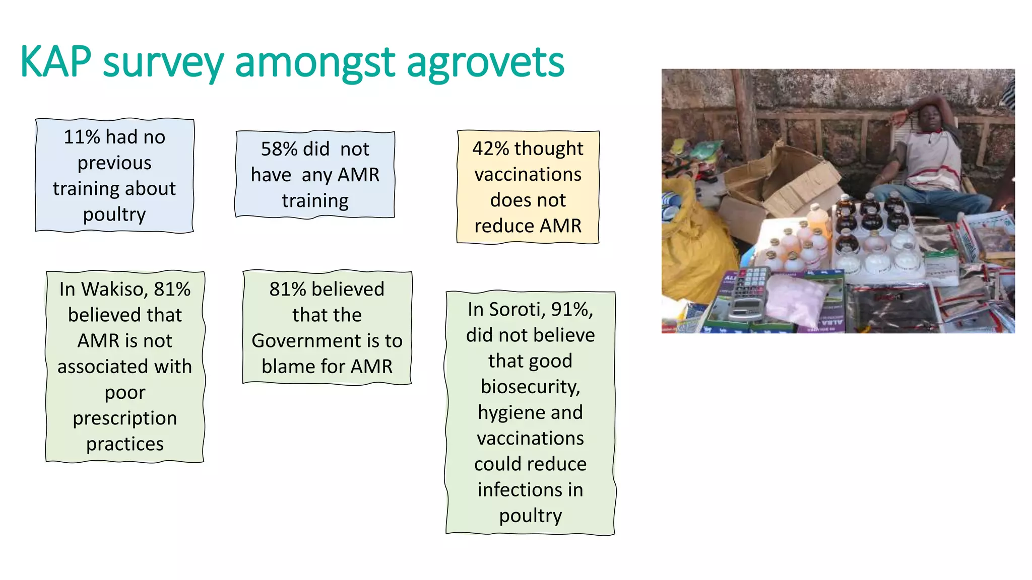KAP survey amongst agrovets
11% had no
previous
training about
poultry
58% did not
have any AMR
training
In Soroti, 91%,
did not believe
that good
biosecurity,
hygiene and
vaccinations
could reduce
infections in
poultry
81% believed
that the
Government is to
blame for AMR
In Wakiso, 81%
believed that
AMR is not
associated with
poor
prescription
practices
42% thought
vaccinations
does not
reduce AMR
 