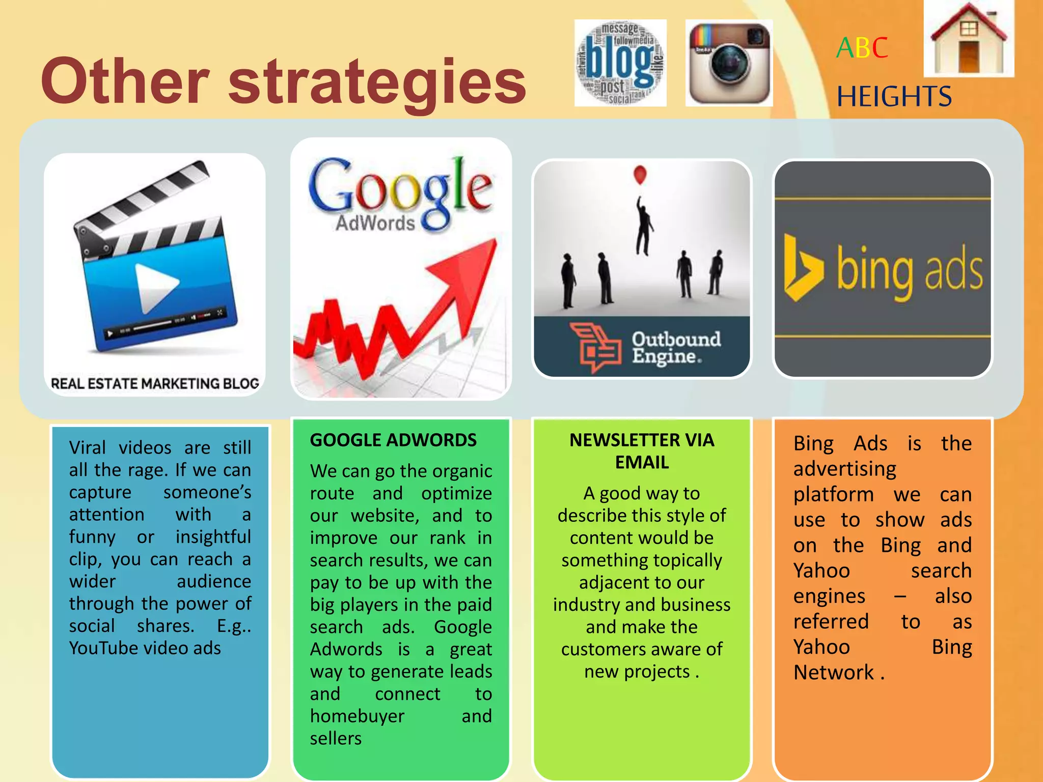 ABC
HEIGHTS
Viral videos are still
all the rage. If we can
capture someone’s
attention with a
funny or insightful
clip, you can reach a
wider audience
through the power of
social shares. E.g..
YouTube video ads
GOOGLE ADWORDS
We can go the organic
route and optimize
our website, and to
improve our rank in
search results, we can
pay to be up with the
big players in the paid
search ads. Google
Adwords is a great
way to generate leads
and connect to
homebuyer and
sellers
NEWSLETTER VIA
EMAIL
A good way to
describe this style of
content would be
something topically
adjacent to our
industry and business
and make the
customers aware of
new projects .
Bing Ads is the
advertising
platform we can
use to show ads
on the Bing and
Yahoo search
engines – also
referred to as
Yahoo Bing
Network .
Other strategies
 