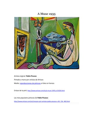 A Muse 1935

Artista original: Pablo Picasso
Pintado a mano por artistas de Artisoo
Medio: reproducciones de pinturas al óleo en lienzos

Enlace de la pint: http://www.artisoo.com/es/a-muse-1935-p-53326.html

Las más populares pinturas de Pablo Picasso:
http://www.artisoo.com/es/comprar-por-artistas-pablo-picasso-c-66_156_483.html

 