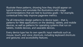  Navigation bars in the header or footer;
 Drop-down menus;
 Contextual menus, which appear when a user right-clicks or...