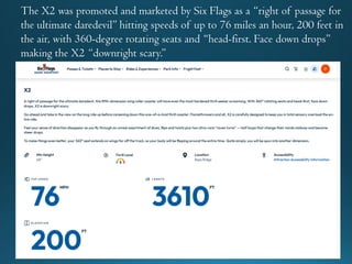The X2 was promoted and marketed by Six Flags as a “right of passage for
the ultimate daredevil” hitting speeds of up to 76 miles an hour, 200 feet in
the air, with 360-degree rotating seats and “head-first. Face down drops”
making the X2 “downright scary.”
 