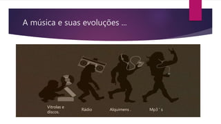 A música e suas evoluções ...
Vitrolas e
discos.
Rádio Alquimens . Mp3 ‘ s
 