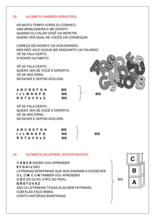22.   ALFABETO (ANDRÉA SORVETÃO)

  HÁ MUITO TEMPO ATRÁS EU CONHECI,
  UMA BRINCADEIRA E ME DIVERTI.
  QUANDO EU FALAR VOCÊ VAI REPETIR,
  QUERO VER QUAL DE VOCÊS VAI CONSEGUIR.

  COMEÇA DEVAGAR E VAI ACELERANDO,
  MAS NÃO VALE GAGUEJAR ENQUANTO VAI FALANDO.
  VÊ SE FALA CERTO,
  O NOSSO ALFABETO.

  VÊ SE FALA CERTO ,
  QUERO VER SE VOCÊ É ESPERTO.
  VÊ SE NÃO ERRA,
  DEVAGAR E DEPOIS ACELERA.


  A B C D E F G H        BIS
  I J L M N O P Q        BIS                BIS
  R S T U V X e Z.       BIS

  VÊ SE FALA CERTO ,
  QUERO VER SE VOCÊ É ESPERTO.
  VÊ SE NÃO ERRA,
  DEVAGAR E DEPOIS ACELERA.


  A B C D E F G H        BIS
  I J L M N O P Q        BIS               BIS
  R S T U V X e Z.       BIS




23.   ALFABETO AS LETRAS (PATATI-PATATÁ)

  O A B C D AGORA VOU APRENDER
  E F G H I J SÃO
  LETRINHAS BONITINHAS QUE NOS ENSINAM A ESCREVER.
  O L, O M, E O N TAMBÉM VOU APRENDER
  O O É DO OLHO, O P É DO PERU,                      BIS
  QRSTUVXZ
  SÃO 23 LETRINHAS TODAS ELAS BEM FEITINHAS,
  COM ELAS FAÇO RIMAS,
  CONTO HISTÓRIAS BONITINHAS.
 