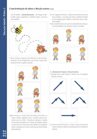 4. Atividade de Fixação - Direção Sonora 
• Entregar para cada criança 5 cartões com as seguintes 
direções sonoras: 
A criança deverá levantar o cartão correto de direção 
sonora conforme ditado feito pelo professor na flauta de 
êmbolo. 
som da abelha: “bzbzbzbzbzbzbz”, até chegar na flor. 
O olhar segue visualmente o caminhar sonoro, como em 
uma partitura! 
• Duas crianças seguram um barbante de aproximada-mente 
de 1m de comprimento, uma em pé e outra senta-da 
para formar os gráficos abaixo. 
Em um segundo momento, o professor não precisará mais 
tocar a flauta, e a criança que levar a abelha inventará 
um som próprio para realizar o movimento entre as di fe - 
rentes alturas. 
Pode-se também fazer este exercício utilizando três crianças, 
o que possibilita novas direções sonoras. Exemplo: 
212 Educação Infantil • Prática 3 
Conscientização de altura e direção sonora (cont.) 
Explica-se para a criança que uma delas será a flor e a 
outra a abelha. Algumas vezes, a abelha estará no ar, 
outras vezes no chão. O professor reproduz a subida 
ou descida da abelha com a flauta de êmbolo enquan-to 
uma terceira criança leva uma abelha de brinquedo 
so bre o barbante até a flor na direção pré-determinada 
pelo professor. 
 
