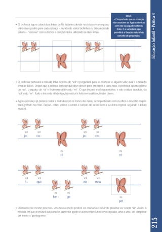 DICA: 
• É importante que as crianças 
não associem as figuras rítmicas 
com este ou aquele bicho ou 
fruta. É a variedade que 
permitirá a fixação natural do 
conceito de proporção. 
• O professor nomeará a nota da linha de cima de “sol” e perguntará para as crianças se alguém sabe qual é a nota da 
linha de baixo. Depois que a criança percebe que deve descer para encontrar a outra nota, o professor aponta a linha 
do “sol”, o espaço do “fá” e finalmente a linha do “mi”. O que importa é a leitura relativa, e não a altura absoluta, do 
“sol” e do “mi”. Todo o início da alfabetização musical é feito sem a utilização das claves. 
• Agora a criança já poderá cantar a melodia com os nomes das notas, acompanhando com os olhos o desenho da par-titura 
grafado no chão. Depois, enfim, voltará a cantar a canção do Jacaré com a sua letra original, seguindo a leitura 
musical. 
215 Educação Infantil • Prática 4 
• O professor agora colará duas linhas de fita isolante colorida no chão com um espaço 
entre elas e pedirá para cada criança – munida de vários bichinhos ou brinquedos de 
pelúcia – “escrever” com os bichos a canção inteira, utilizando as duas linhas. 
mi 
lon - 
mi 
ge 
sol 
ja - 
sol 
fi - 
sol 
ca - 
sol 
que 
mi 
ré 
mi 
pé! 
sol 
ja - 
sol 
do 
sol 
ca - 
sol 
meu 
mi 
ré 
• Utilizando este mesmo processo, uma nova canção poderá ser ensinada e incluir da próxima vez a nota “lá”. Assim, à 
medida em que a tessitura das canções aumentar, pode-se acrescentar outras linhas à pauta, uma a uma, até completar 
por inteiro o “pentagrama”. 
 